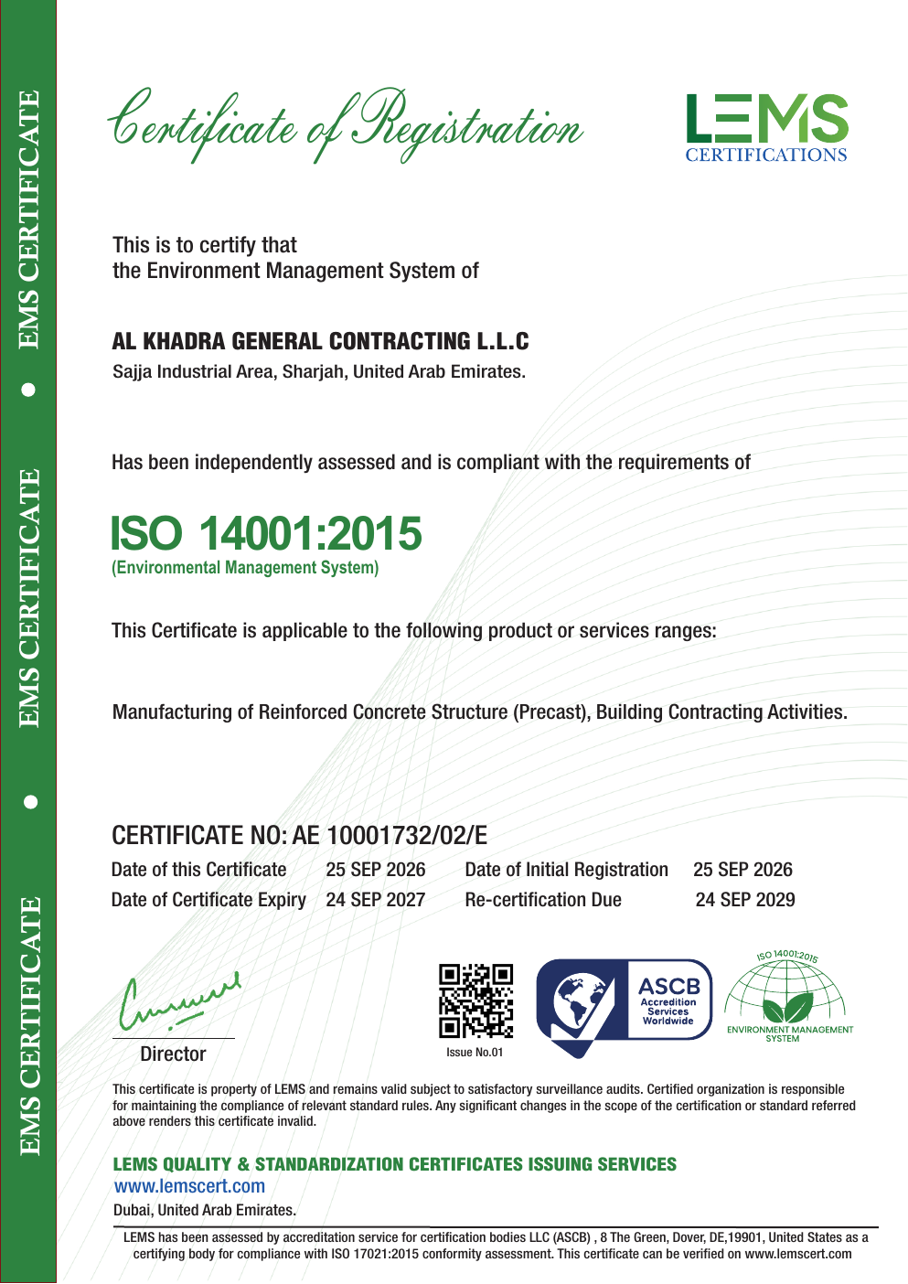 ISO 14001:2015 Certificate of Registration for AL KHADRA GENERAL CONTRACTING L.L.C.