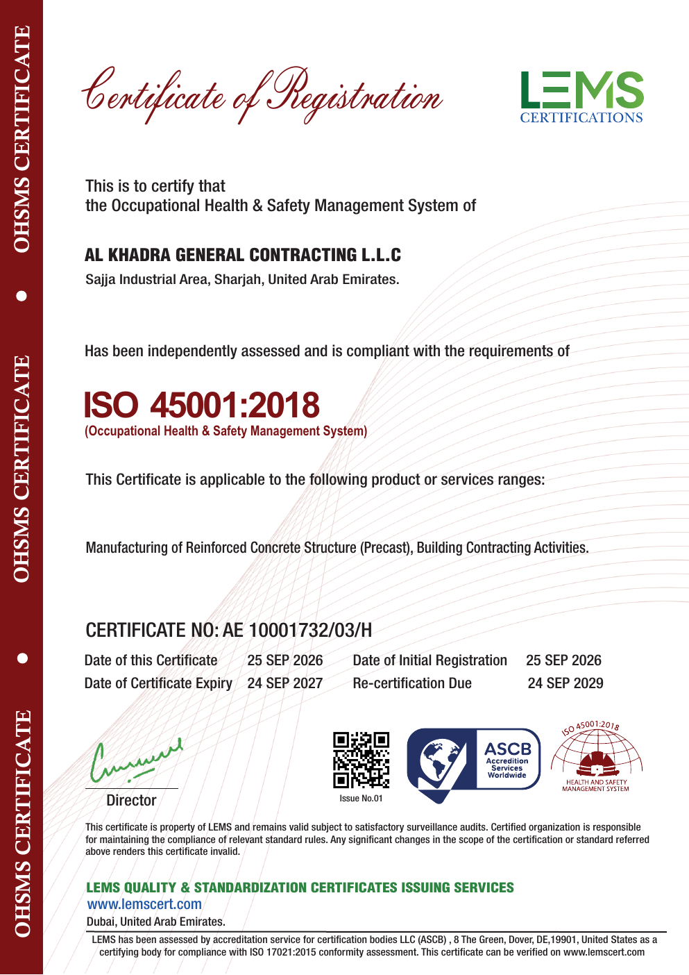 ISO 45001:2018 Certificate of Registration for AL KHADRA GENERAL CONTRACTING L.L.C.