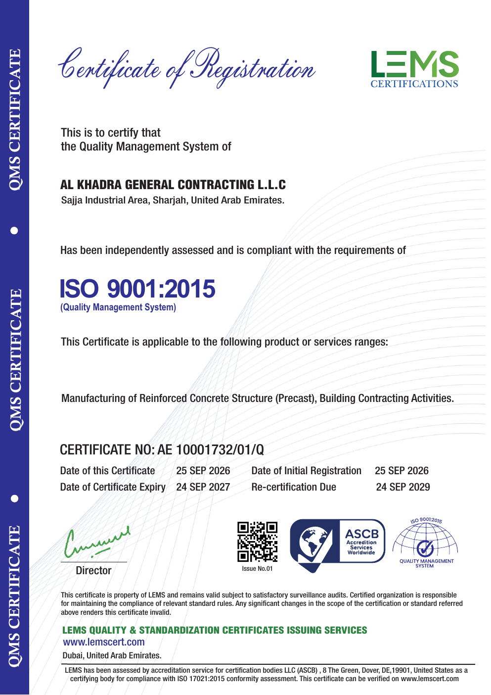 ISO 9001:2015 Certificate of Registration for AL KHADRA GENERAL CONTRACTING L.L.C.